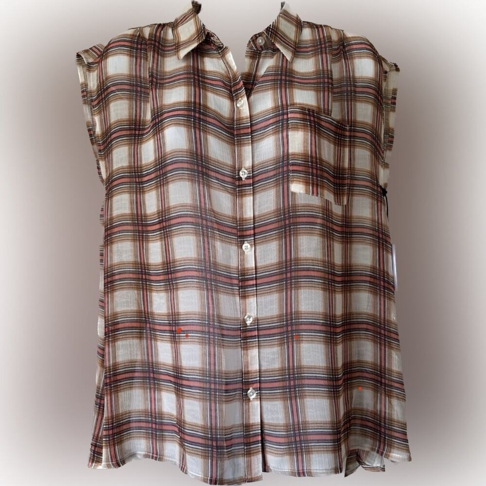 NWT Jack by BB Dakota Plaid Relaxed Sheer Short Sleeve Button Down Shirt
